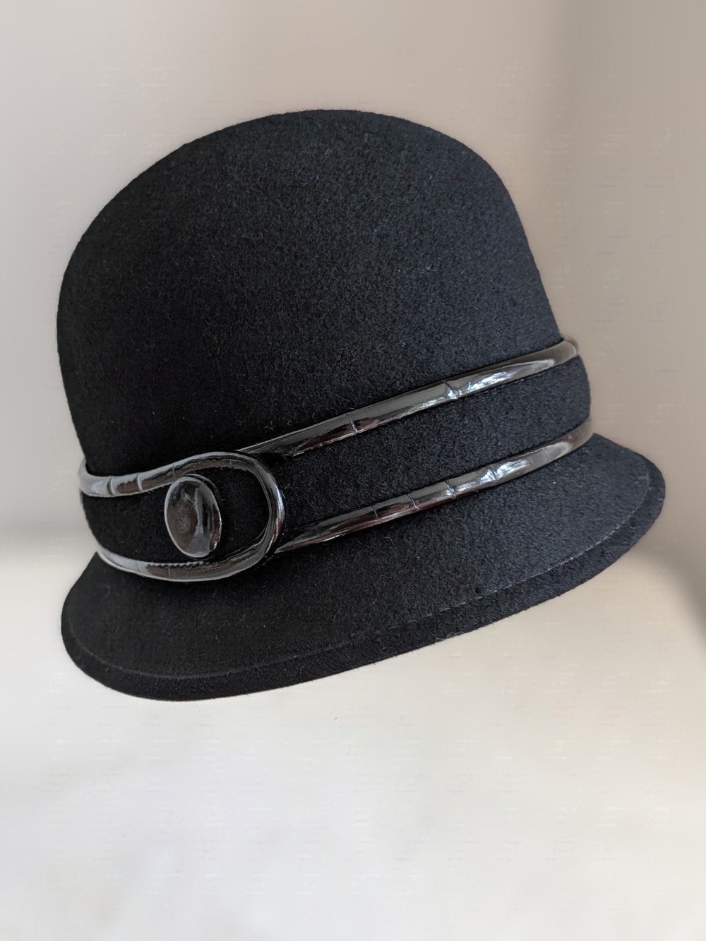 Classic Black Wool Cloche Hat with Patent Trim